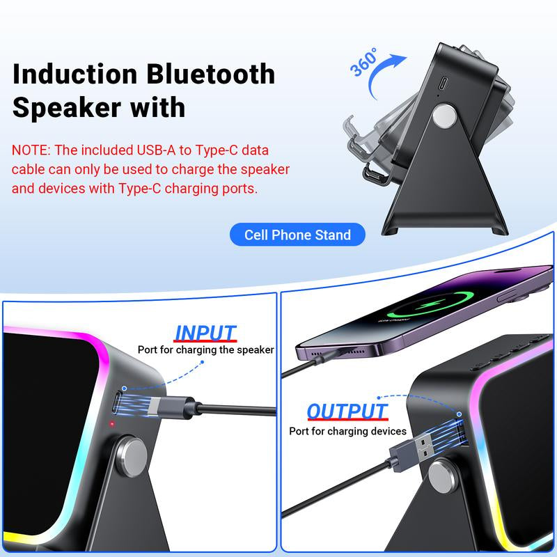 Enhanced Folding Phone Holder with Induction Speaker and Lighting, 10W Portable Audio Stand for Desk, Home, Office, and Travel Use
