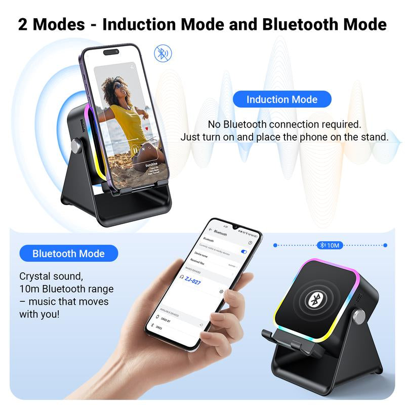 Enhanced Folding Phone Holder with Induction Speaker and Lighting, 10W Portable Audio Stand for Desk, Home, Office, and Travel Use