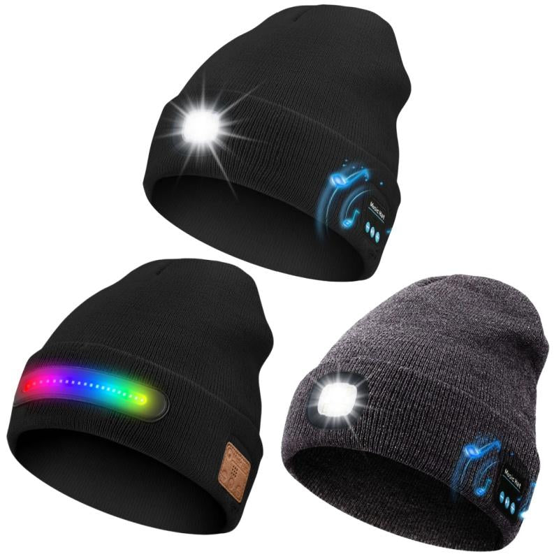 Bluetooth Beanie with Light, Unisex USB Rechargeable 4 LED Fashlight Hat with Cordless Headphones, Unique Christmas Birthday Gifts for Men Husband Teen Warm Beany Knit Balaclava Outdoor Activities Skull Cap Cycling Spider Web Sport Lightweight Sweat