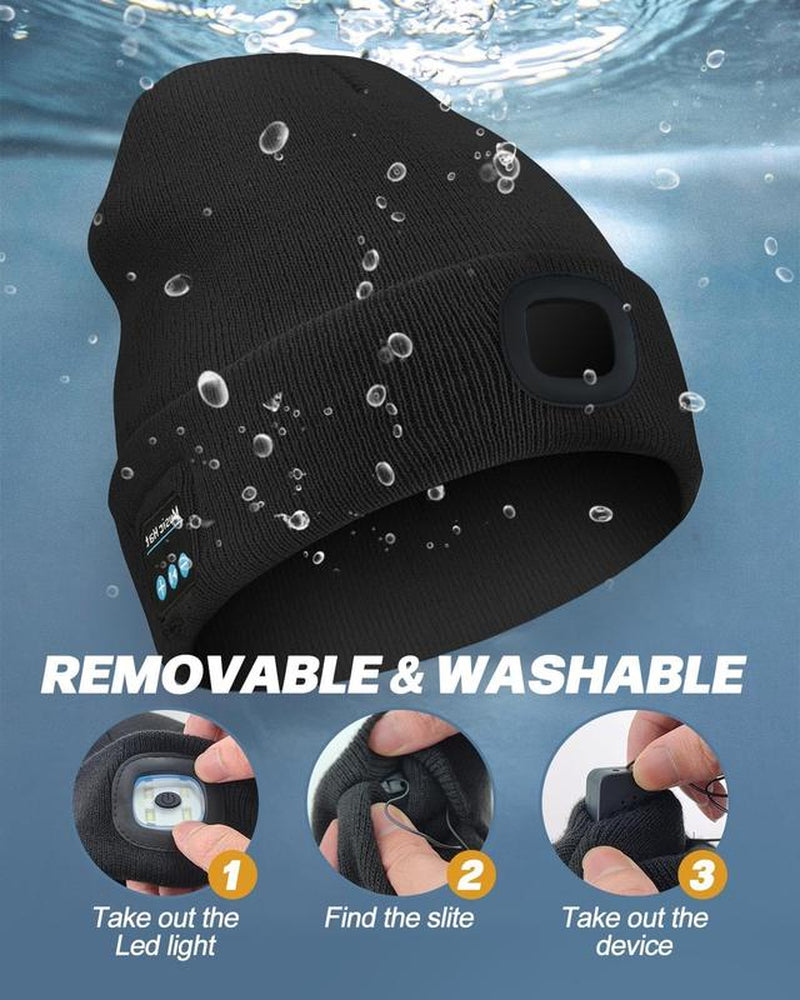 Bluetooth Beanie with Light, Unisex USB Rechargeable 4 LED Fashlight Hat with Cordless Headphones, Unique Christmas Birthday Gifts for Men Husband Teen Warm Beany Knit Balaclava Outdoor Activities Skull Cap Cycling Spider Web Sport Lightweight Sweat